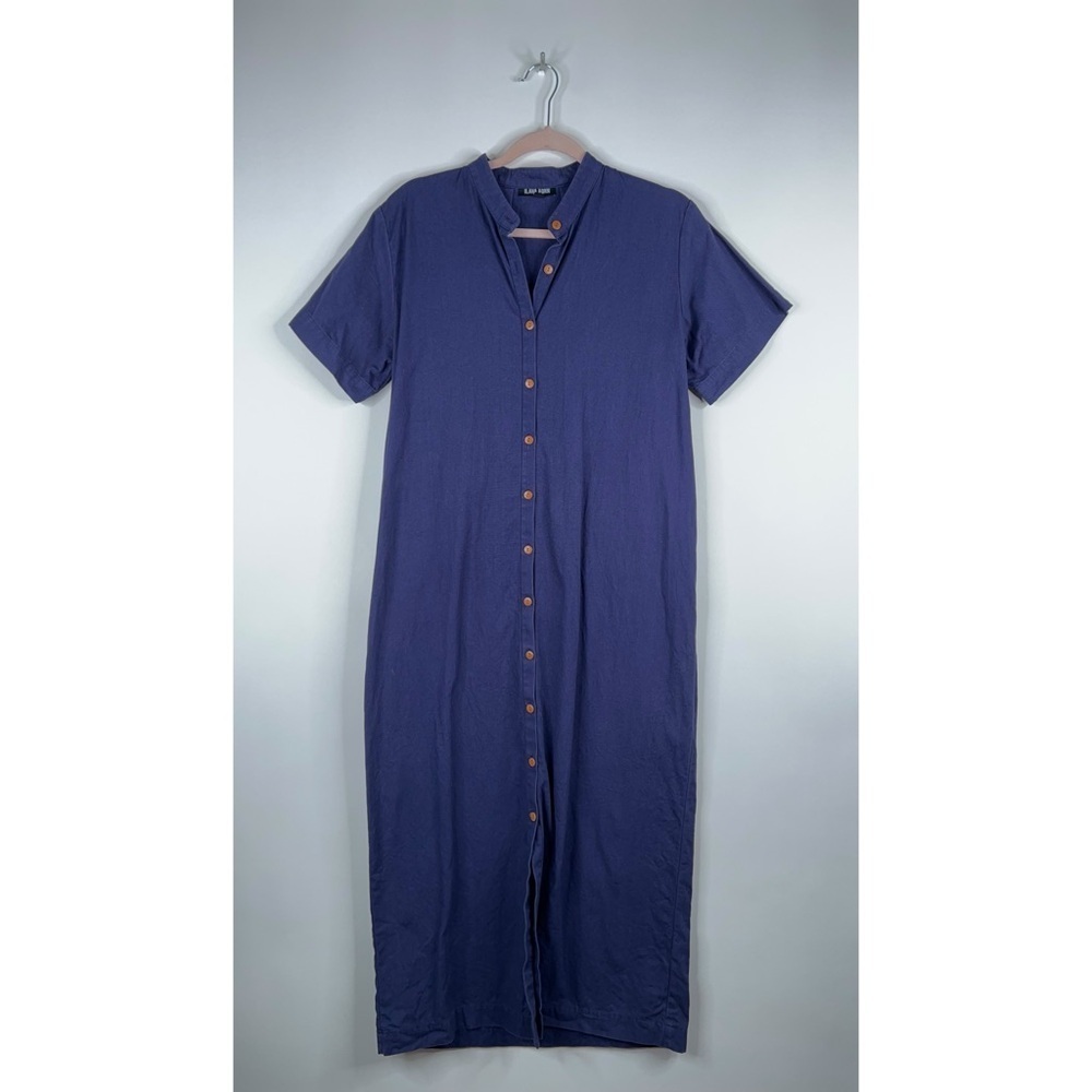 Ilana Kohn Gigi Maxi Dress Navy Blue Button Front Short Sleeve Cotton Minimal